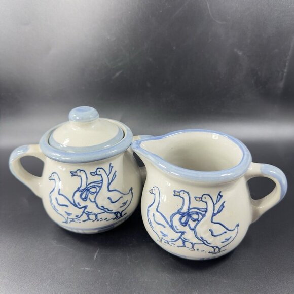 LOUISVILLE Stoneware Sugar Bowl Creamer Set Gaggle of Geese Pottery Set 2 USA - Picture 11 of 15